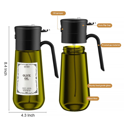 Glass Olive Oil Dispenser for Kitchen, 2 In 1 Oil Dispenser Bottle & Oil Sprayer for Cooking, Auto Flip Cap, 18oz Black (Light Blockage)