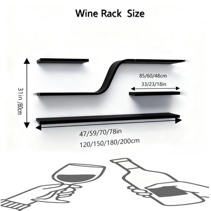 59IN Modern Wall Mounted Wine Rack with Blue LED Light, 3-tiers Metal Curved Bar liquor Bottles Display Shelf, Large Floating Bar Shelves Storage for Home bars, kitchens Coffee Shop (Black, 59in)