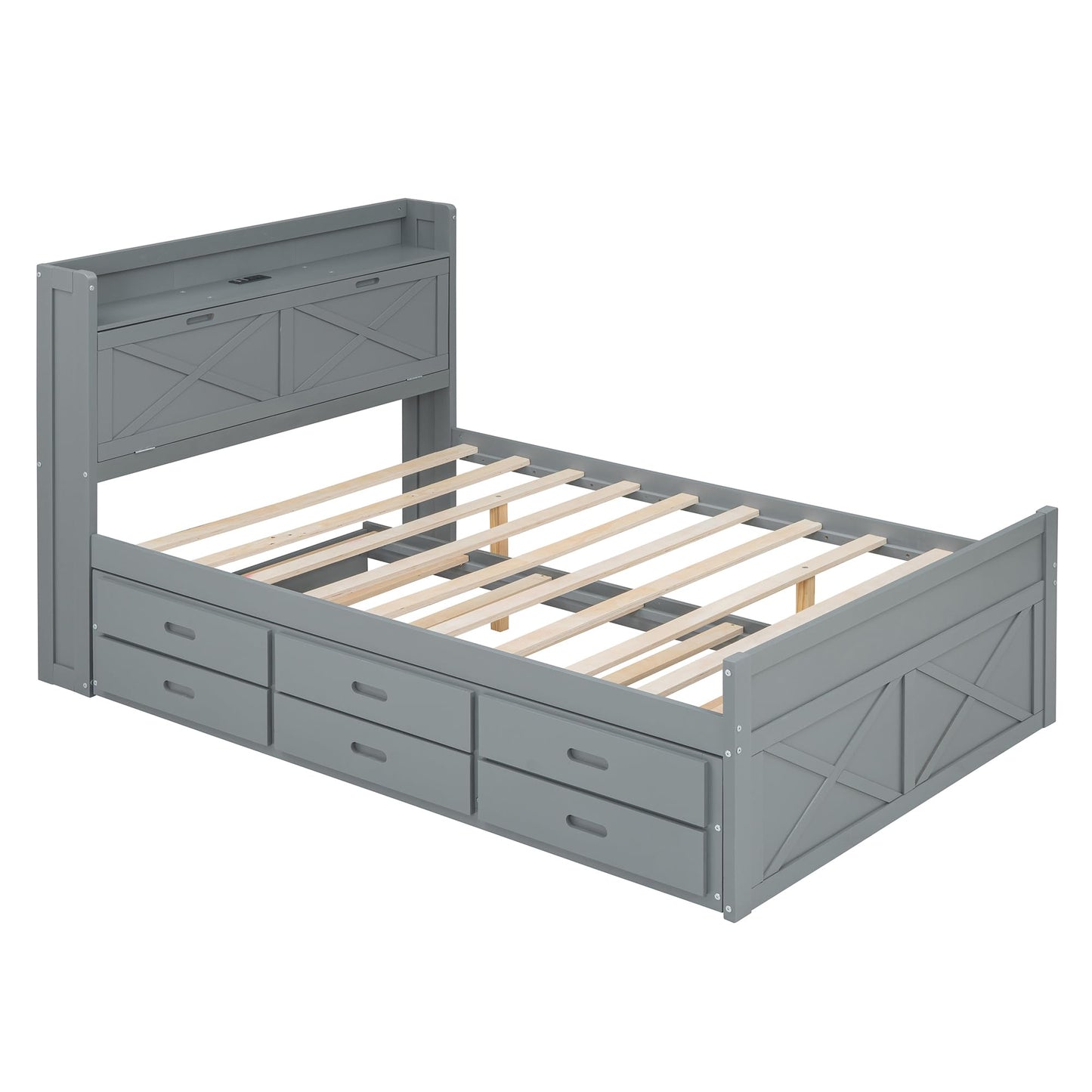 Full Size Wooden Bed with Storage Headboard with Outlets, Extendable with Twin Trundle with 3 Drawers