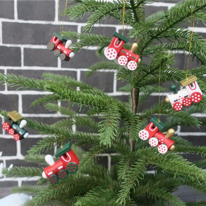 YeahiBaby 6pcs Set, Wooden Christmas Train Mini Painted Train Head Christmas Tree Hanging Ornament for Party Wall Decor