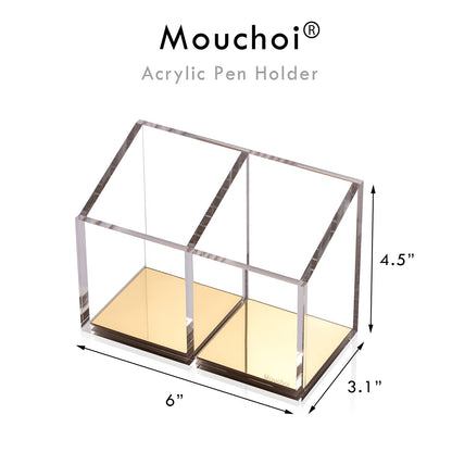 Mouchoi Modern Acrylic Pen Holder with 2 Compartments Gold Base, Multifunctional Pencil Holder for Desk Gold Mirror, Makeup Brush Holder, Marker Holder for Office, Classroom, Home