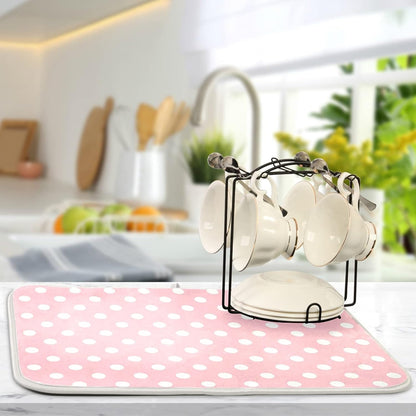 Pink White Polka Dot Dish Drying Mat for Kitchen Counter, 18 x 24 Inch Absorbent Microfiber Drainer Mat