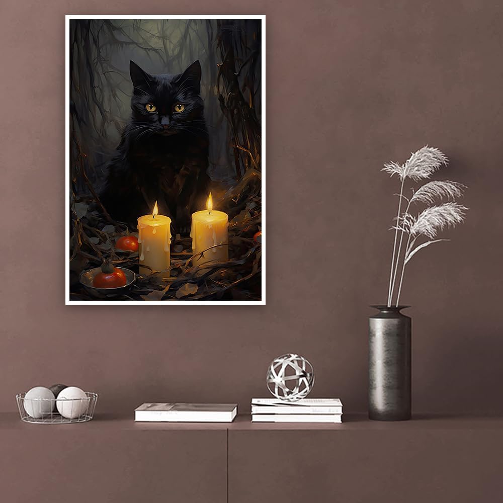 Kisappeared Vintage Gothic Wall Art Black Cat Candle Poster Halloween Artwork Print Canvas Victorian Style Dark