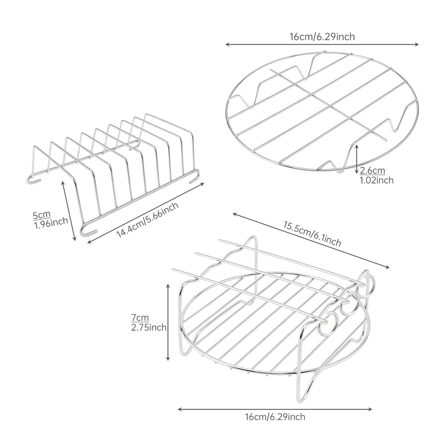 Air Fryer Racks Set 3PC, 6 inch Stainless Steel Layer Racks Air Fryer Accessories, Kitchen Multipurpose Double Layer Racks with Skewer Round Cooking Rack Toast Rack,Fits Most 2.5QT or Above Air Fryer