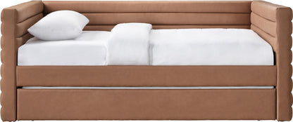 Meridian Furniture BeverlyCognac-T Beverly Collection Modern | Contemporary Twin Daybed with Soft Cognac Premium Vegan Leather, Deep Channel Tufting, Twin Trundle, 87" W x 43.5" D x 34" H, Cognac