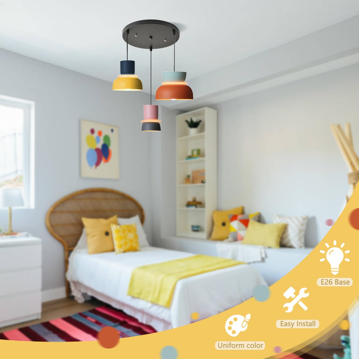 Qufute Nordic Modern Pendant Light Macaron Color Mid Century Hanging Light Fixture with Aluminum Shade Colorful Chandelier Ceiling Pendant Lights for Dining Room Kitchen (3-Light)