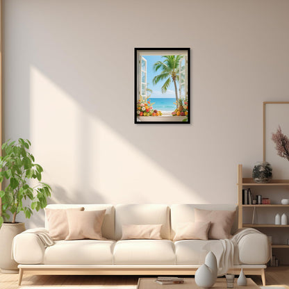 JZHYOAN Summer Beach Window Diamond Painting Kit Hawaii Tropical Island Palm Leaves Ocean Diamond Art Kits for Adults 5D Full Drill Crystal Rhinestone Round Gem Art Craft Kits for Wall Decoration