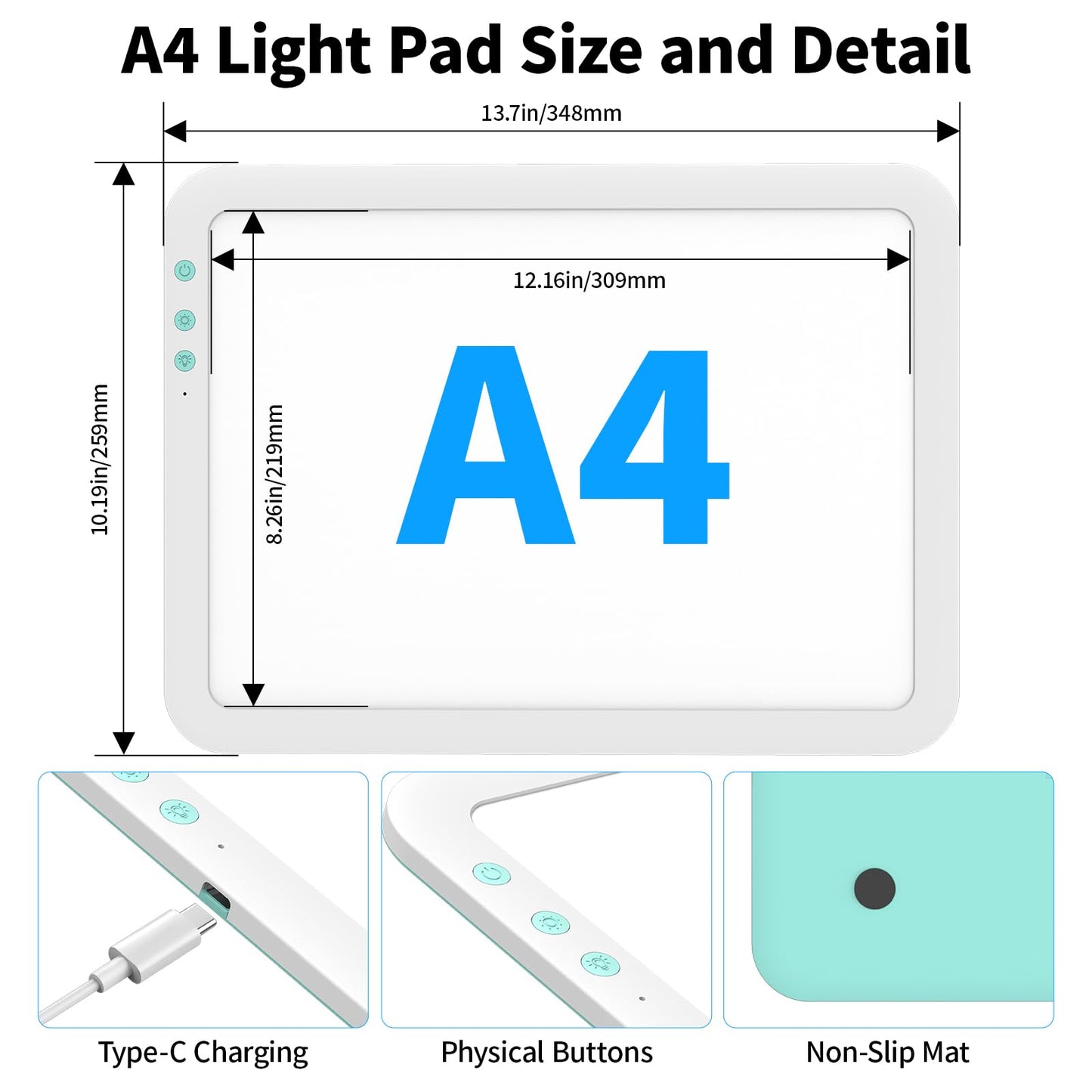 TOHETO A4 Rechargeable Led Super Bright Light Pad Powered by 3500mAh Lithium Battery for Weeding Vinyl Tool, Portable Wireless Light Board/Box for Tracing, Diamond Painting, Sketching & Drawing