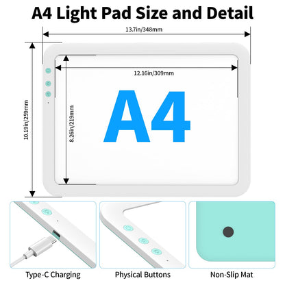 TOHETO A4 Rechargeable Led Super Bright Light Pad Powered by 3500mAh Lithium Battery for Weeding Vinyl Tool, Portable Wireless Light Board/Box for Tracing, Diamond Painting, Sketching & Drawing