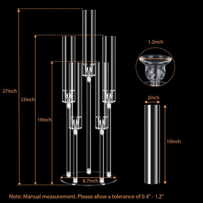 4 Sets 5 Arms Acrylic Candelabra Centerpieces for Tables,Clear Candle Holder for Wedding,Ceremony Dinner Party, 27" Tall Candlestick Holders with Lampshade,Fit LED Candle