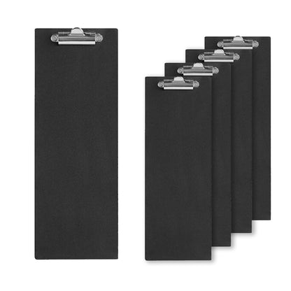 LZMS 4 Pack 4.5" x 12.5" Slim Black Wood Clipboard Set with Rust-Proof Silver Metal Clip | Versatile Narrow Memo Board, Receipt & Bill Holder for Multi-Scene Use