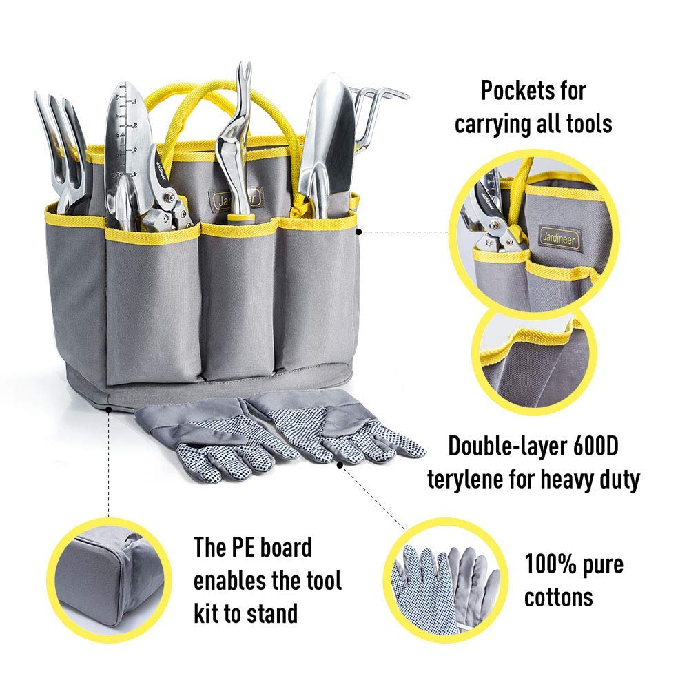 Jardineer Garden Tools Set, 8PCS Heavy Duty Garden Tool Kit with Outdoor Hand Tools, Garden Gloves and Storage Tote Bag, Gardening Tools Gifts for Women and Men