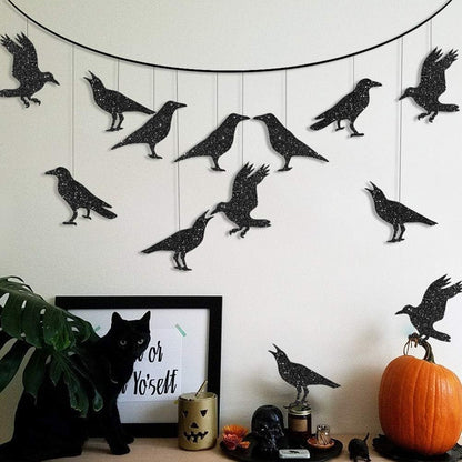 Cheerland Glitter Black Crow Garland Halloween Decorations for Gothic Gatherings Emo Party Tree Hanging Decoration Bird Raven Banner Decal Backdrop Centerpiece for Theme Birthday Party Supplies