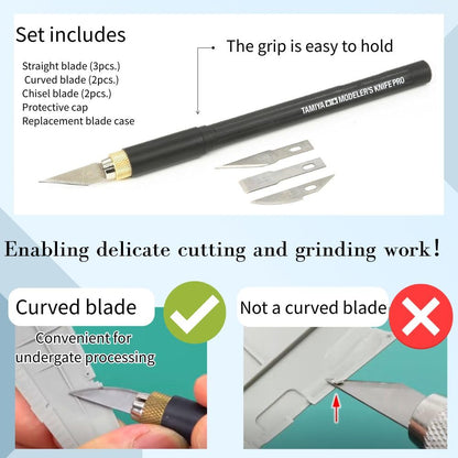 3-Piece Model Tool Set – Tamiya Modeler’s Knife PRO, Tamiya Curved Tweezers & Cutting Mat