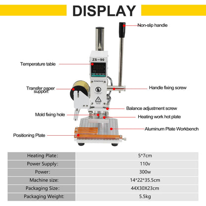 ZONEPACK 5x7cm Digital Embossing Machine Hot Foil Stamping Machine Manual Tipper Stamper for PVC Leather Pu and Paper Stamping with Paper Holder and Scale