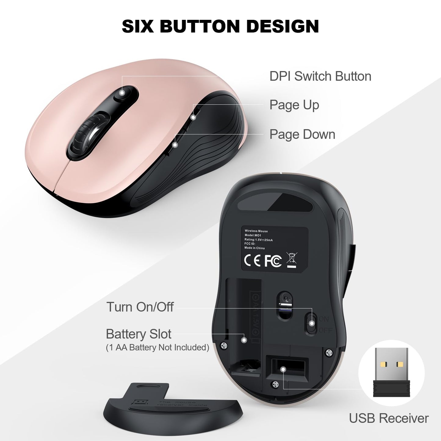 WisFox 2.4G Wireless Mouse for Laptop, Ergonomic Computer Mouse with USB Receiver and 3 Adjustable Levels, 6 Button Wireless Mice for Windows Mac PC Notebook (Grey)