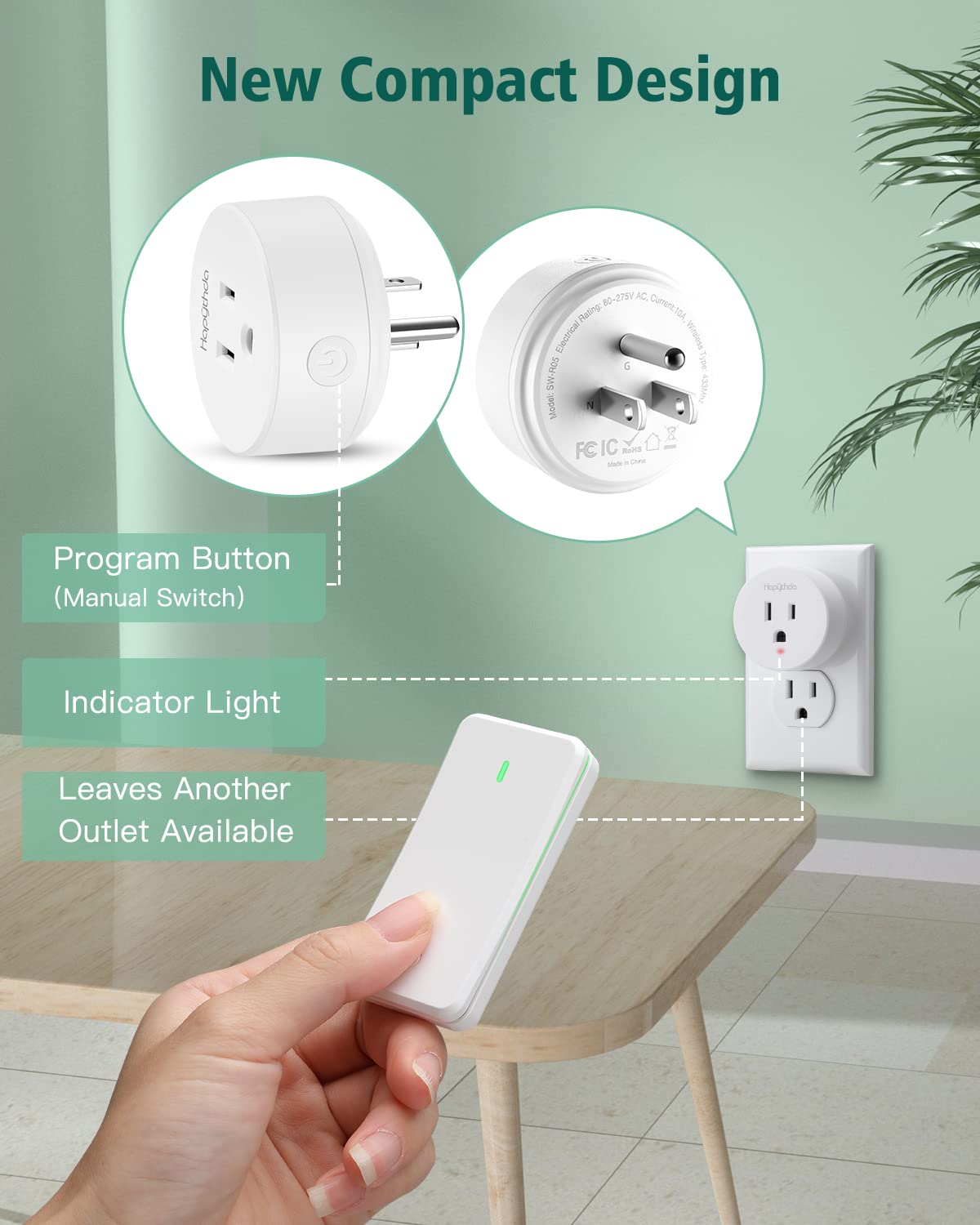 Remote Control Outlet, Buckle Design Removable Wireless Wall Mounted Light Switch, 300 ft 15A 1500W, No Wiring Electrical Remote Outlet for Appliance
