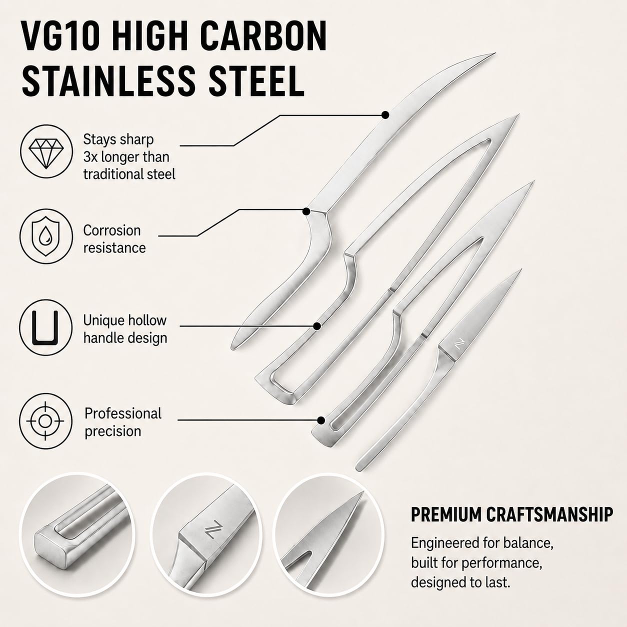 NestKnife Magnetic Kitchen Knife Set - 4 Piece VG10 High Carbon Stainless Steel Kitchen Knives with Patented Space-Saving Nesting Design & Magnetic Block - Ultra Sharp Professional Chef Knife Set