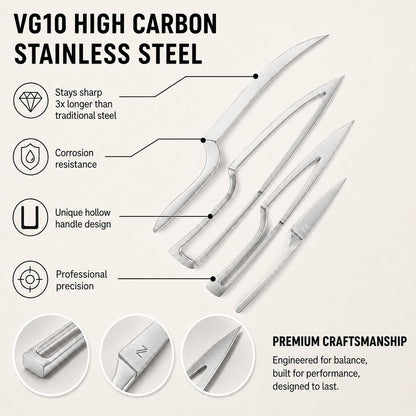 NestKnife Magnetic Kitchen Knife Set - 4 Piece VG10 High Carbon Stainless Steel Kitchen Knives with Patented Space-Saving Nesting Design & Magnetic Block - Ultra Sharp Professional Chef Knife Set