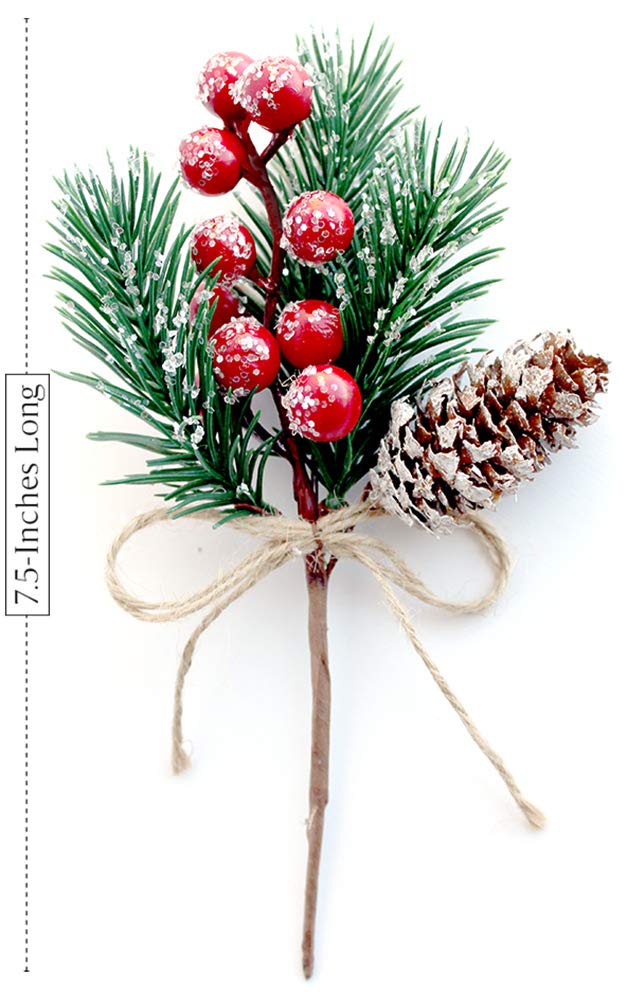 Red Berry Stems Pine Branches Evergreen Berries Décor 8 PCS Artificial Pine Cones Branch for Christmas Craft Wreath Pick & Winter Holiday Floral Picks Holly Stem for Decoration DIY Xmas Crafts