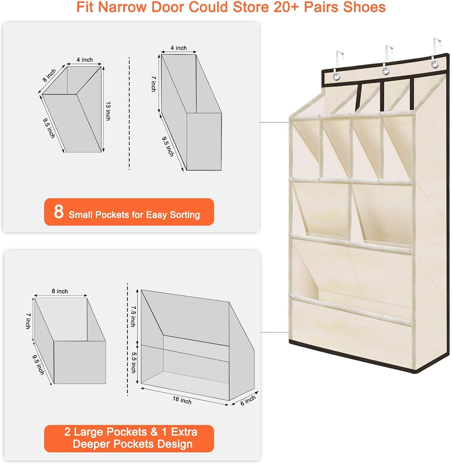 Over the Door Shoe Rack, Short Hanging Organizer with Large Deep Pockets for 14+ Pairs Shoes, Dorm Storage