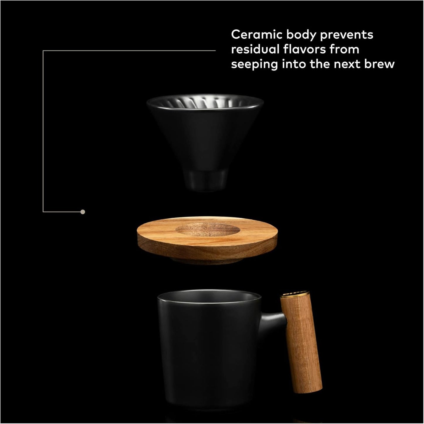 ChefWave Artisan Series Pour-Over Coffee Maker Set, 1-2 Cup Personal Size with Ceramic Cone, Wood Ring, Stainless Steel