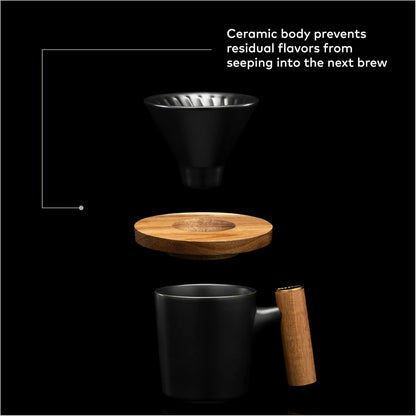 ChefWave Artisan Series Pour-Over Coffee Maker Set, 1-2 Cup Personal Size with Ceramic Cone, Wood Ring, Stainless Steel