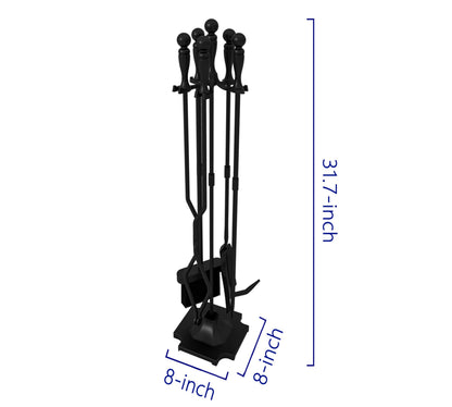 Kingson 5 Pcs Fireplace Tools Sets Heavy Duty Wrought Iron Large Fire Tool Set and Holder Outdoor Fireplace Tools Black