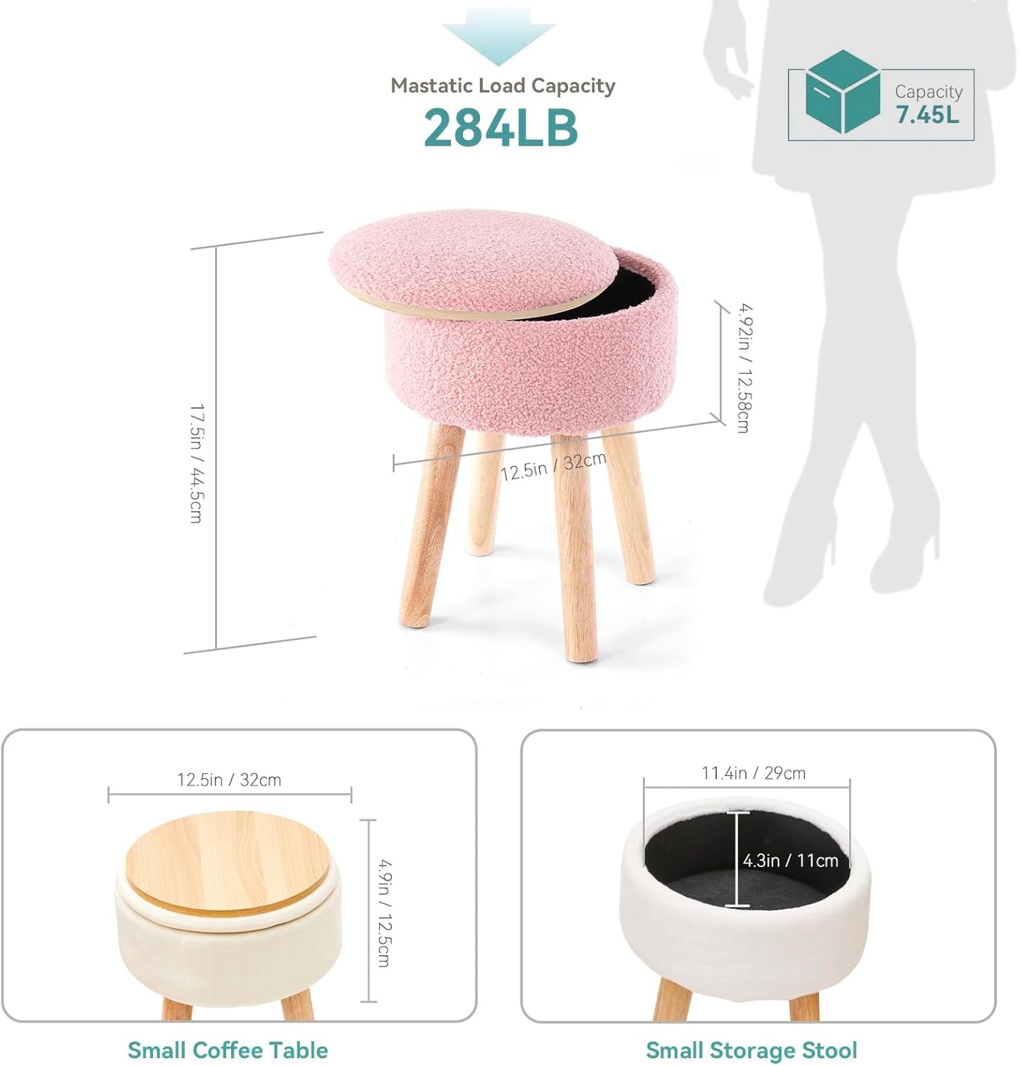 BRIAN & DANY Vanity Stool, Sherpa Vanity Stool Chair with Storage, Round Makeup Chair Soft Padded Seat with Legs