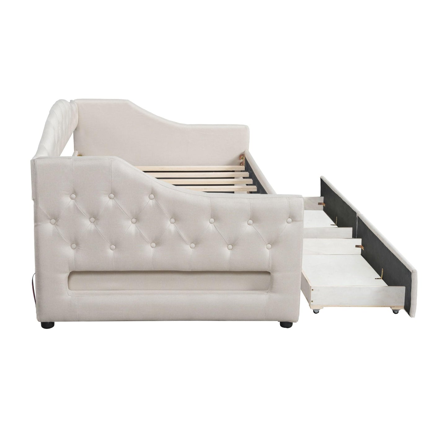 DNYN Twin XL Upholstered Daybed with Storage Drawers for Kids,Adults,Solid Wood Bedframe w/Led & Fabric Backrest Design,No Box Spring Needed & Easy Assembly, Beige