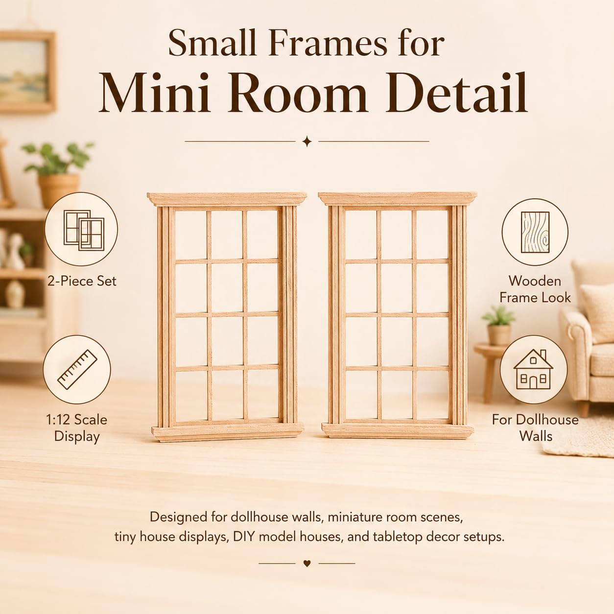 Wooden Window Dollhouse Furniture: 2Pcs Mini Windows 1: 12 Scale Miniature Accessories Tiny Window Frame Model Dolls Houses Playhouse Ornaments