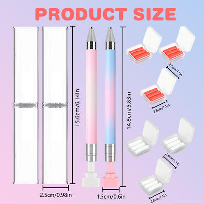 2 PCS Automatic Refillable Wax Pen for Diamond painting, Refillable Diamond Art Pen with 6 Refill Wax Pads, Wax Pen for Art Nail DIY Craft (Gradient Blue+Gradient Pink)