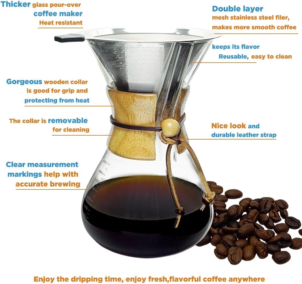 34oz Set (10 Cup/34 oz) Pour Over Coffee Maker with Filter Subjectthree Glass Coffee Carafe Dripper Pourover