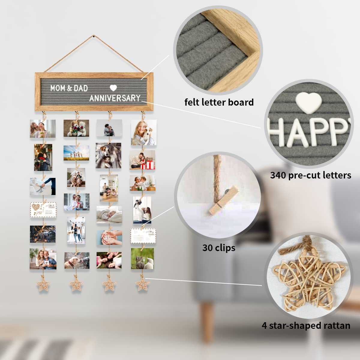 CJIAWYS Picture Frames Collage Wall Decor Hanging Photo Display Frame Felt Letter Board with 340 Letters and 30 Clips, Unique DIY Collage Picture Frames for Dorm Room Decor, Christmas Birthday Party