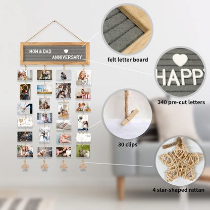 CJIAWYS Picture Frames Collage Wall Decor Hanging Photo Display Frame Felt Letter Board with 340 Letters and 30 Clips, Unique DIY Collage Picture Frames for Dorm Room Decor, Christmas Birthday Party