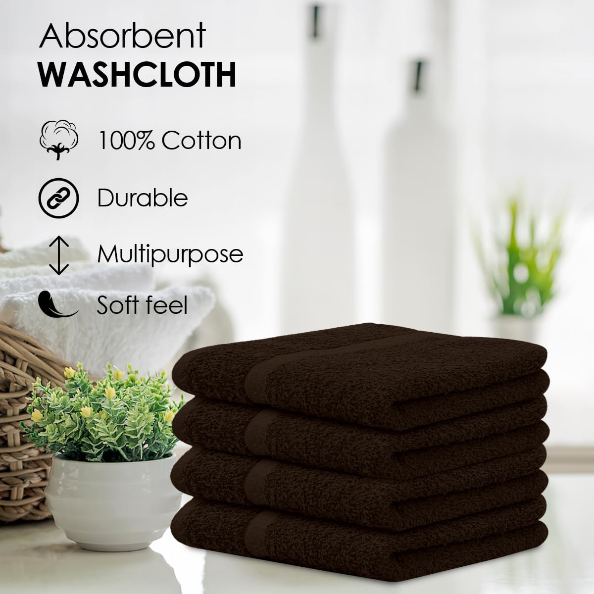 24-Pack 12 12 Inch Avalon Towels Cotton Washcloths x Brown Super Soft & Absorbent Ring-Spun Cotton Wash Cloths