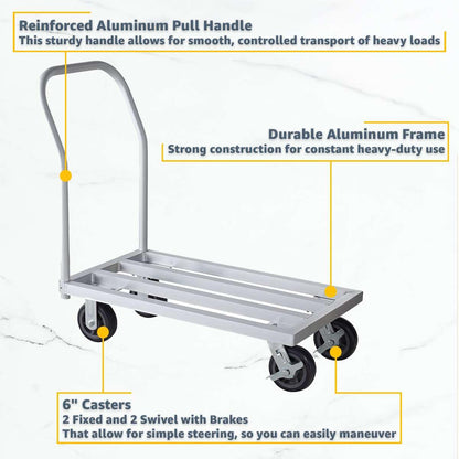 20" x 36" Mobile Aluminum NSF Dunnage Rack - 1600 lb. Capacity with Handle, Heavy-Duty Storage Cart with 6" Casters, Food-Grade Platform Truck for Restaurants, Kitchens, Warehouses