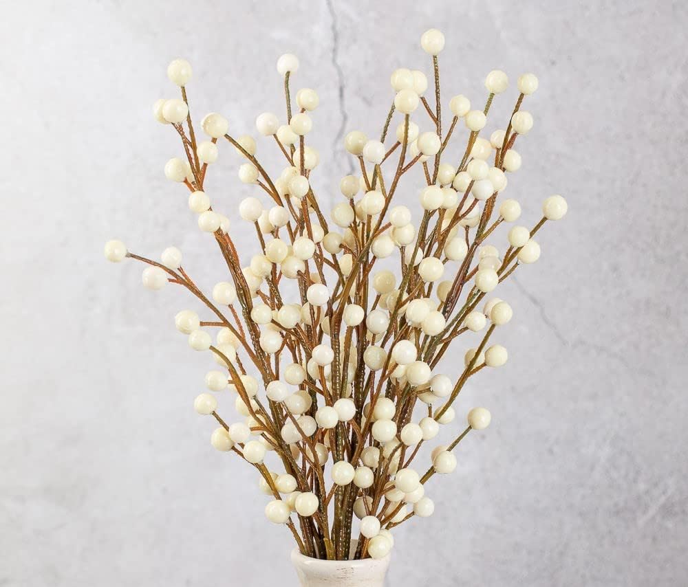 Pack 6 of Artificial Cream Winter White Weatherproof Berry Stem Branches - Waterproof Berries for Indoor and Outdoor