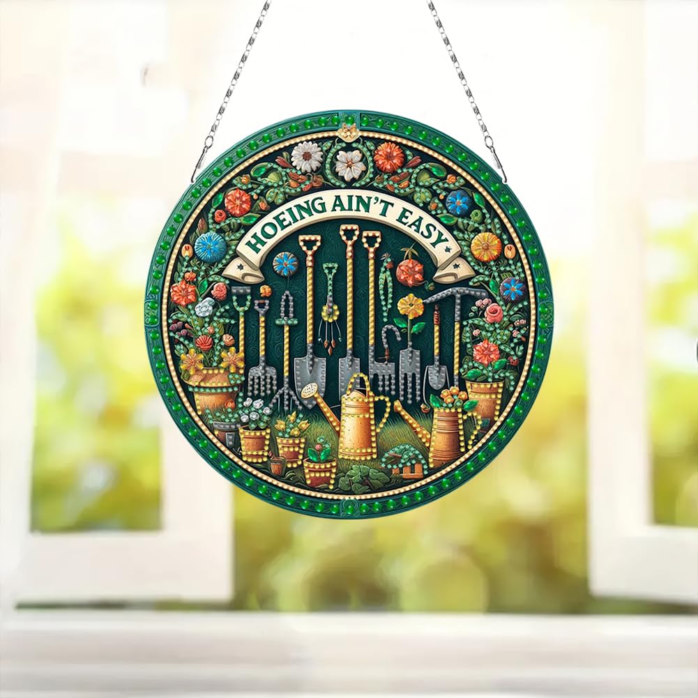 C'eitura 2D Flat DIY Flower Garden Tools -Hoeing ain;t Easy Diamond Art Painting Window Hanging Art,Crystal Diamond Gem Art Suncatchers Painting Pendant for Home Wall Decor