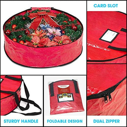ProPik Christmas Wreath Storage Bag - Heavy Duty Tear Resistant Material with Handles | 24" x 8" (Red)