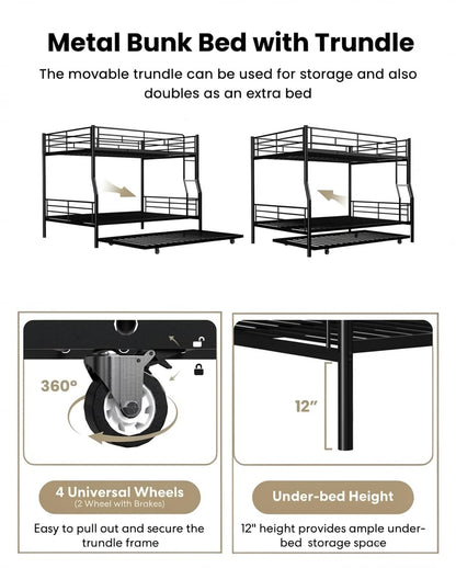 Miscoos Full XL Over Queen Bunk Bed with Trundle, Heavy-Duty Queen Bunk Bed with with Safety Ladder and Full-Length Guardrail, Convertible to 3 Beds for Teens and Adults, Black