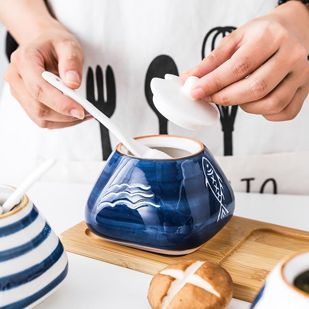 Cute Hand-painted Sugar Bowl, Ceramic Condiment Pot for Kitchen Decor, Fish Pattern, 300ml