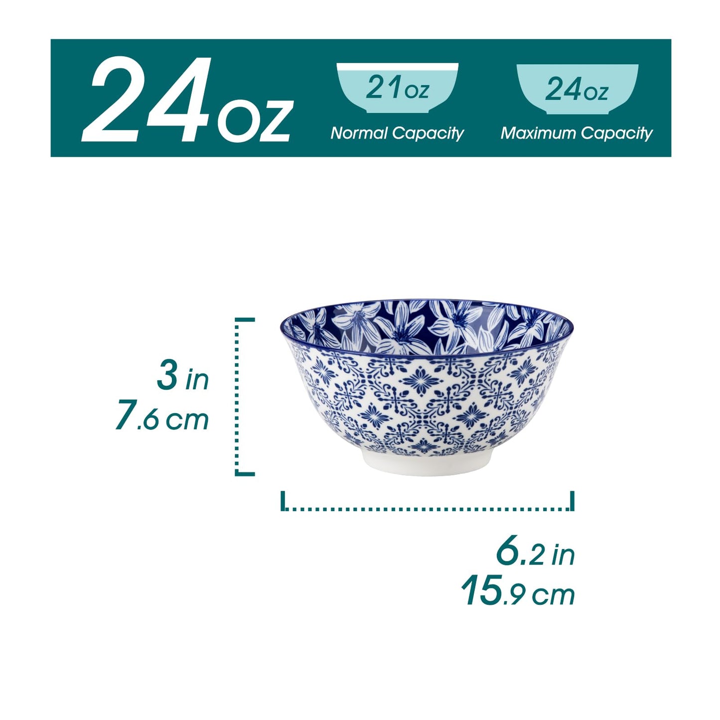 vancasso SELENE 24 oz Cereal Bowls set of 6, Ceramic Soup Bowls for Kitchen, Dishwasher & Microwave Oven Safe- for Cereal, Soup, Pasta, Salad, Blue & White Floral Design Bowl Set