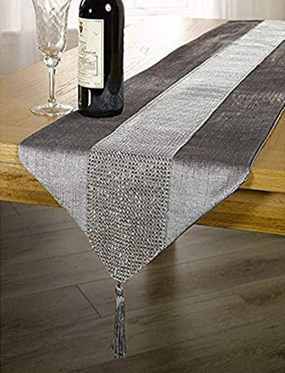 13inch 72inch x Table Runner with Diamante Strip and Tassels (Grey)