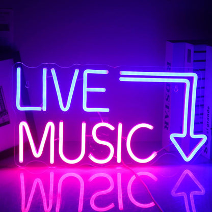 Live Music Neon Sign LED Neon Sign Large Blue and Pink Words for Music Studio USB Powered Switch for Wall Decor Beer,Bar,Bedroom,Party,Club