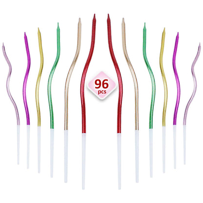 96PCS Metallic Colorful Twisted Birthday Candles - Spiral Long Thin Curly Coil Cake Candles with Holders for Birthday Wedding Party
