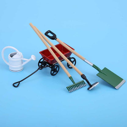 Fayelume Miniature Garden Tools, 5 Pcs of Garden Scene Model Mini Garden Tools, Doll House 1/12 Scale Accessories, Spade Pestle Rake Cart and Kettle for Doll House Garden Decor Accessories