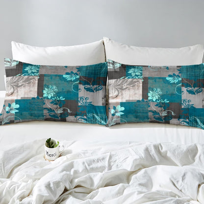 Grunge Ombre Boho Floral Bedding Set - Watercolor Artwork Comforter Cover, Queen Duvet Cover, Turquoise