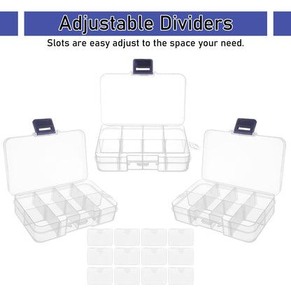 FWEEK 12 Pack 8 Grids Small Plastic Divider Organizer Box, Clear Bead Storage Container with Removable Dividers, Grid Compartment for Small Parts, Screw and Craft, 4.1"x 2.6"x 0.9"