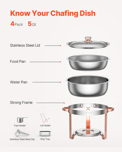 VEVOR Chafing Dish Buffet Set, 5 Qt 4 Pack, Stainless Steel Chafer with 4 Full Size Pans, Round Catering Warmer Server with Lid Water Pan Folding Stand Clip, for Weddings Parties Banquets, Rose Gold